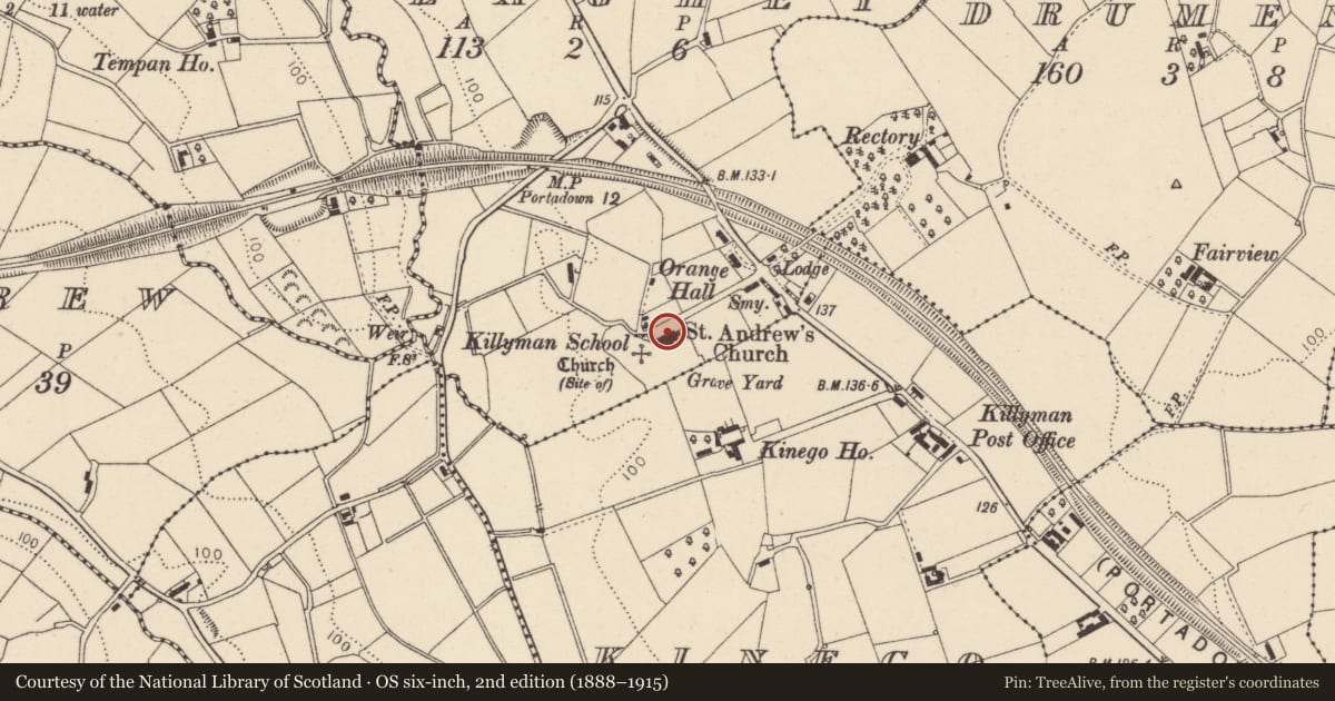 Ordnance Survey six-inch map, 2nd edition (1888–1915) covering the location of St. Andrew'S Church(C OF I), Mid Ulster, with a pin at the register's coordinates