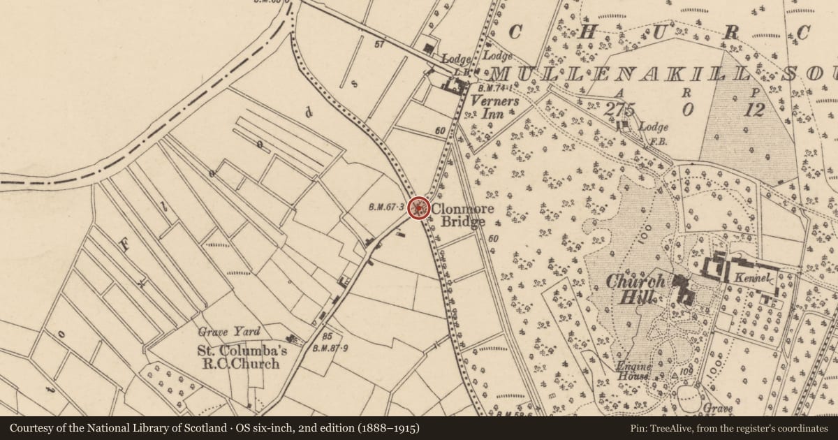 Ordnance Survey six-inch map, 2nd edition (1888–1915) covering the location of Clonmore Bridge, Armagh City, Banbridge and Craigavon, with a pin at the register's coordinates