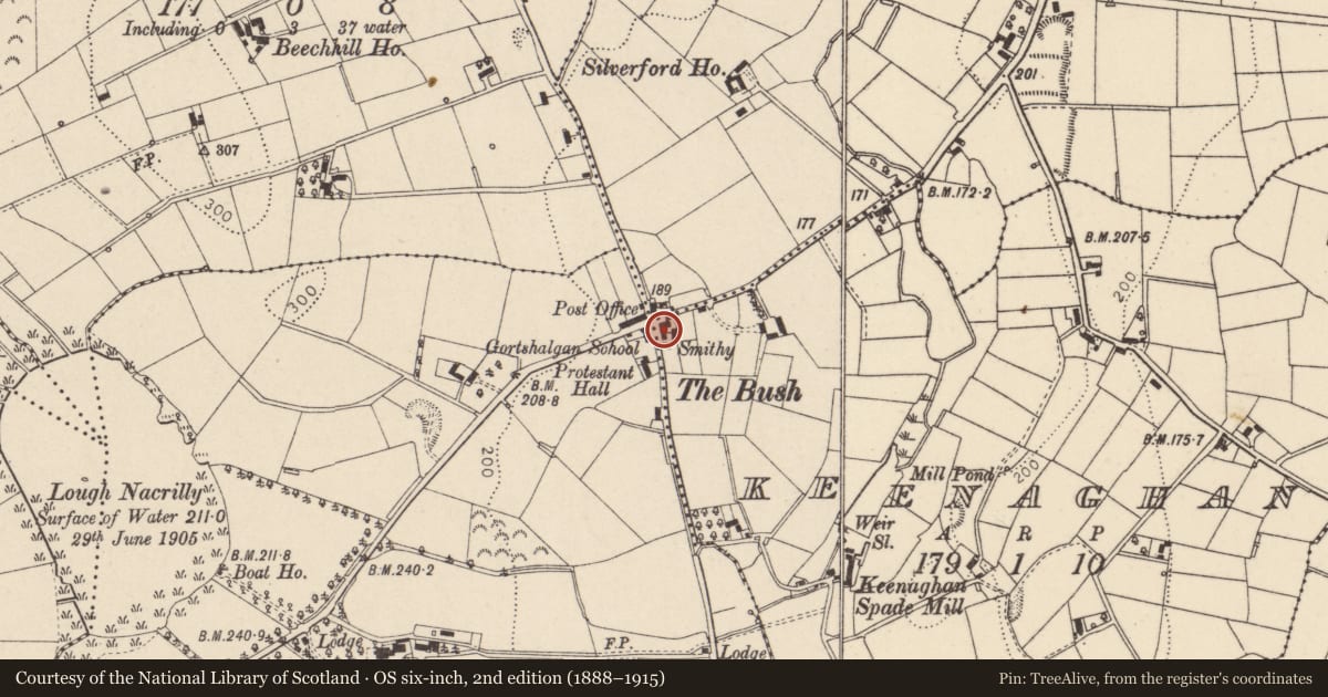 Ordnance Survey six-inch map, 2nd edition (1888–1915) covering the location of Telephone Kiosk, Keenaghan, Mid Ulster, with a pin at the register's coordinates