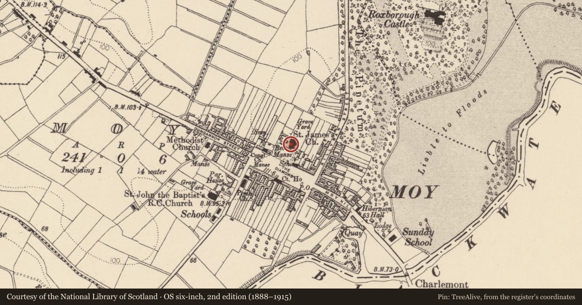 Ordnance Survey six-inch map, 2nd edition (1888–1915) covering the location of St.james Church, Mid Ulster, with a pin at the register's coordinates
