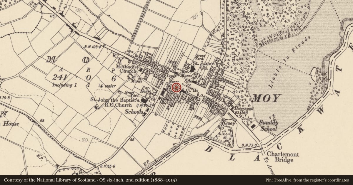 Ordnance Survey six-inch map, 2nd edition (1888–1915) covering the location of 18 The Square, Mid Ulster, with a pin at the register's coordinates