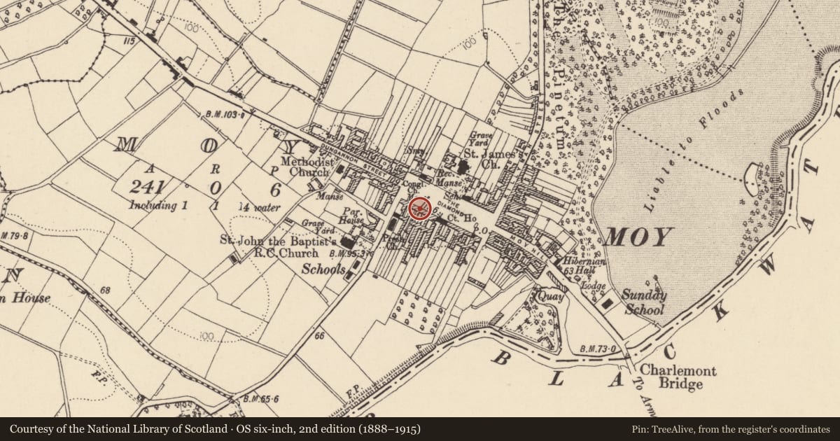 Ordnance Survey six-inch map, 2nd edition (1888–1915) covering the location of 19 The Square, Mid Ulster, with a pin at the register's coordinates