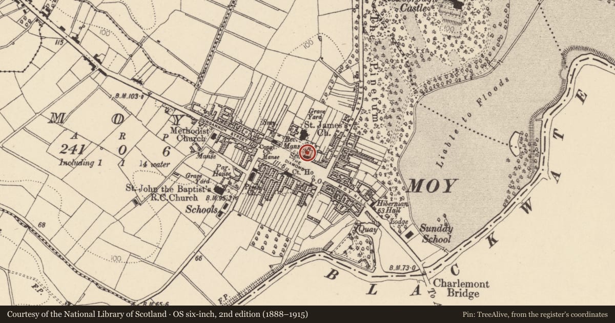 Ordnance Survey six-inch map, 2nd edition (1888–1915) covering the location of The Parish Hall, Mid Ulster, with a pin at the register's coordinates