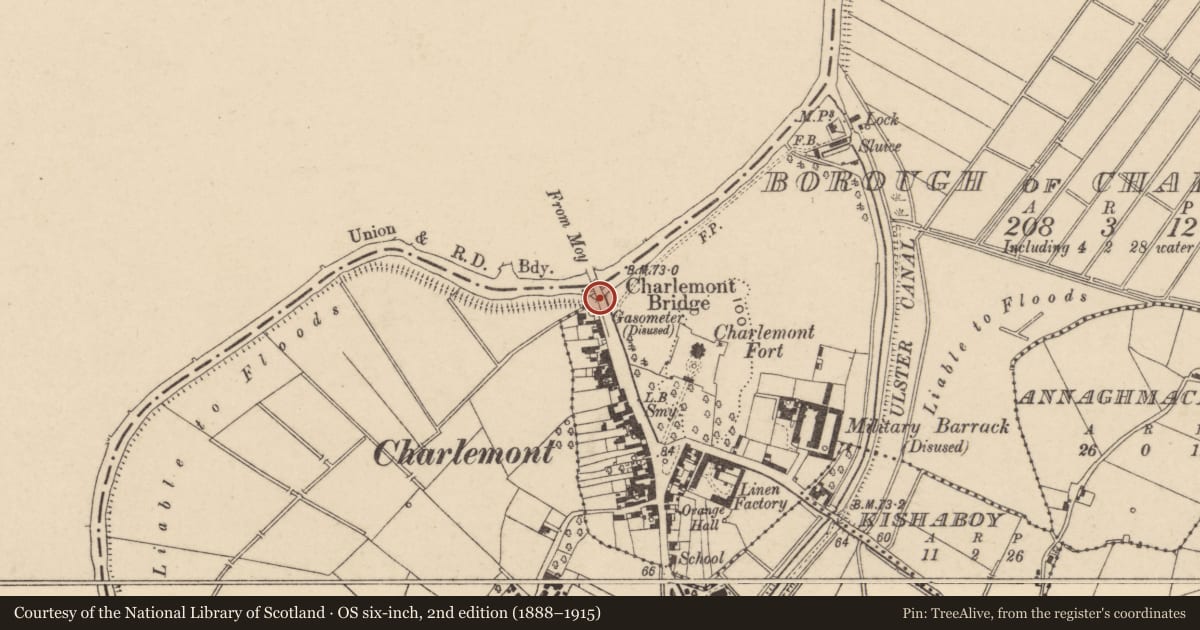 Ordnance Survey six-inch map, 2nd edition (1888–1915) covering the location of Charlemont Bridge Moy/Charlemont Co.tyrone, Armagh City, Banbridge and Craigavon, with a pin at the register's coordinates