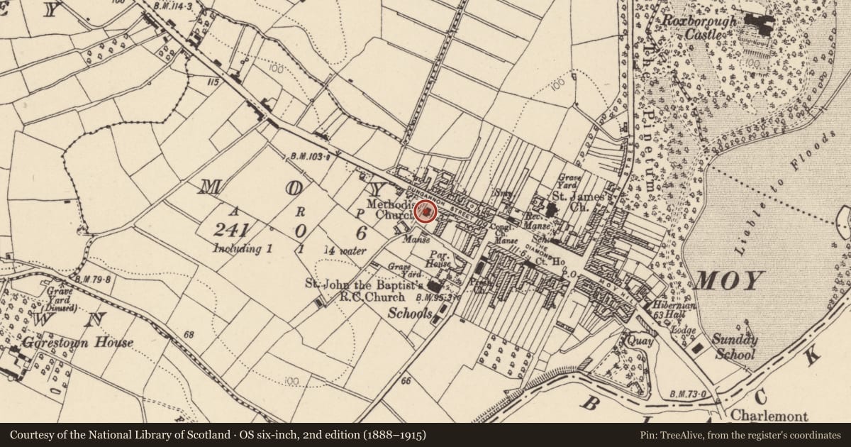 Ordnance Survey six-inch map, 2nd edition (1888–1915) covering the location of Moy Methodist Church, Mid Ulster, with a pin at the register's coordinates
