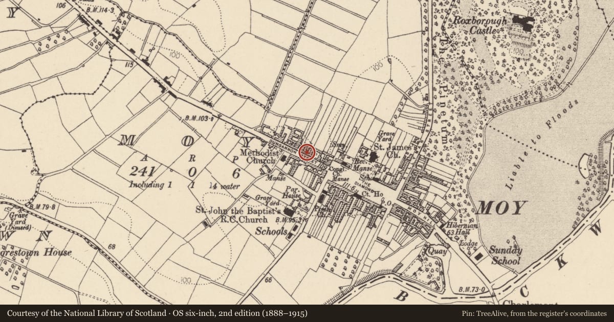 Ordnance Survey six-inch map, 2nd edition (1888–1915) covering the location of 9 Dungannon St., Mid Ulster, with a pin at the register's coordinates