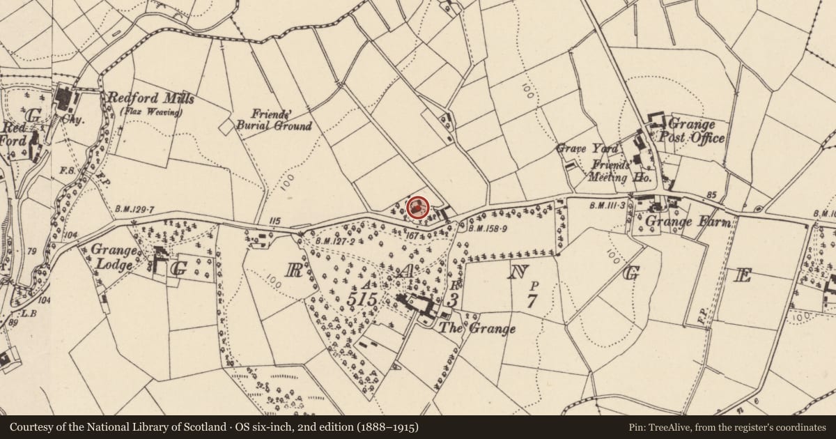 Ordnance Survey six-inch map, 2nd edition (1888–1915) covering the location of 14 Grange Road, Mid Ulster, with a pin at the register's coordinates