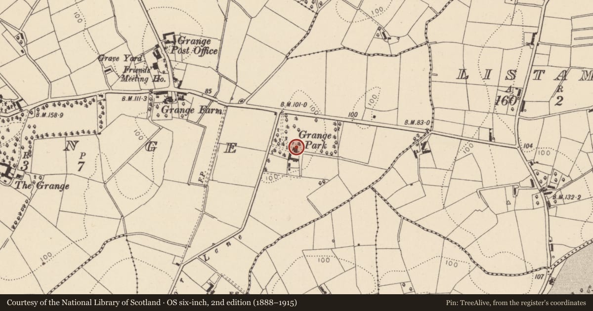 Ordnance Survey six-inch map, 2nd edition (1888–1915) covering the location of Grange Park, Mid Ulster, with a pin at the register's coordinates