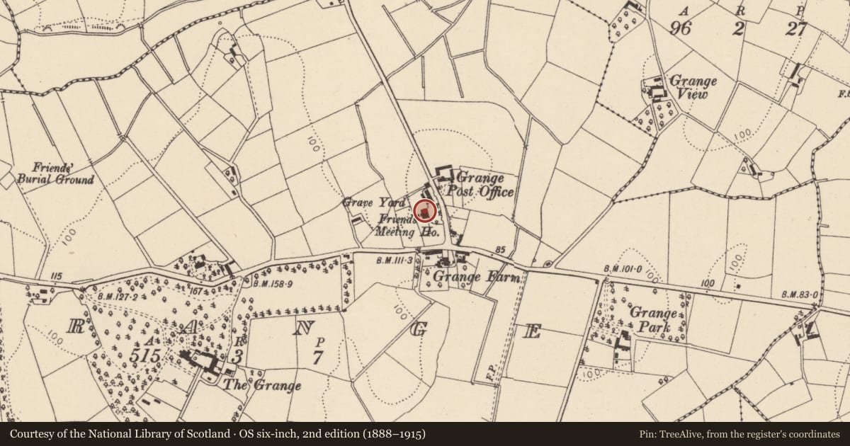 Ordnance Survey six-inch map, 2nd edition (1888–1915) covering the location of Friends Meeting House, Mid Ulster, with a pin at the register's coordinates