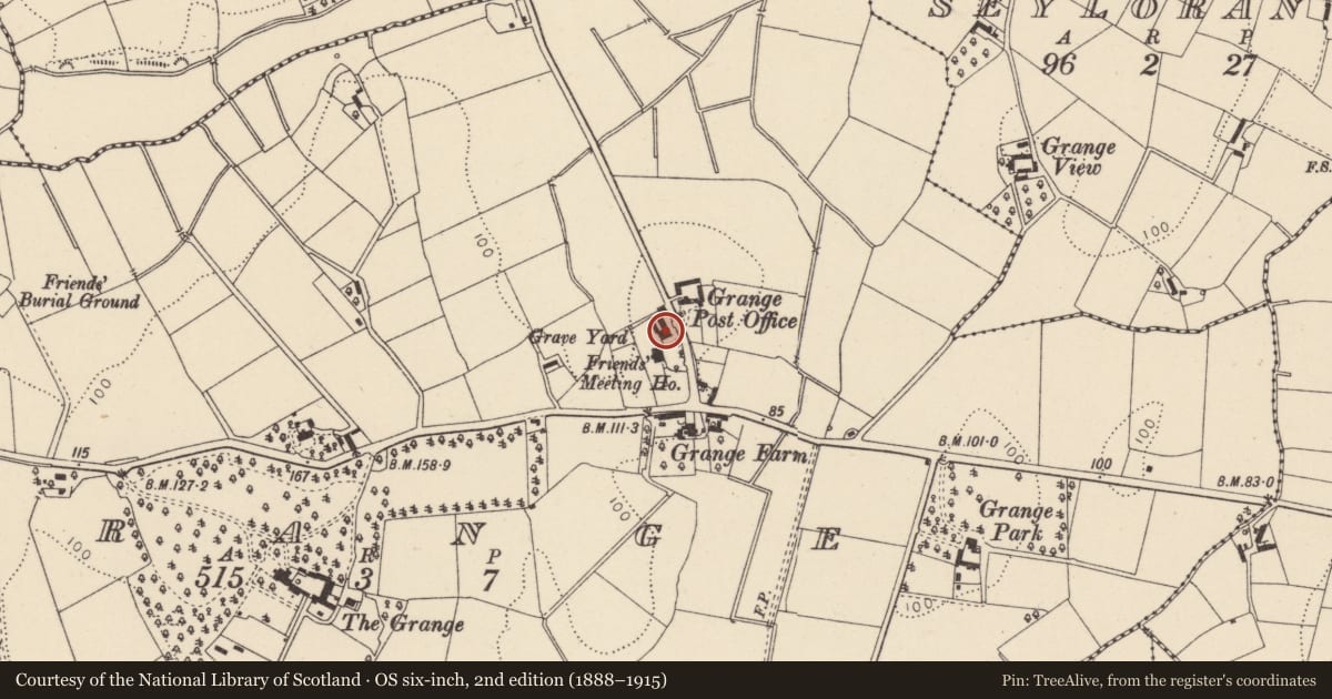 Ordnance Survey six-inch map, 2nd edition (1888–1915) covering the location of HALL (Formerly Friends Meeting House), Mid Ulster, with a pin at the register's coordinates