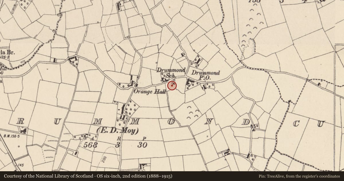 Ordnance Survey six-inch map, 2nd edition (1888–1915) covering the location of Powerscourt Scriptural School, Mid Ulster, with a pin at the register's coordinates