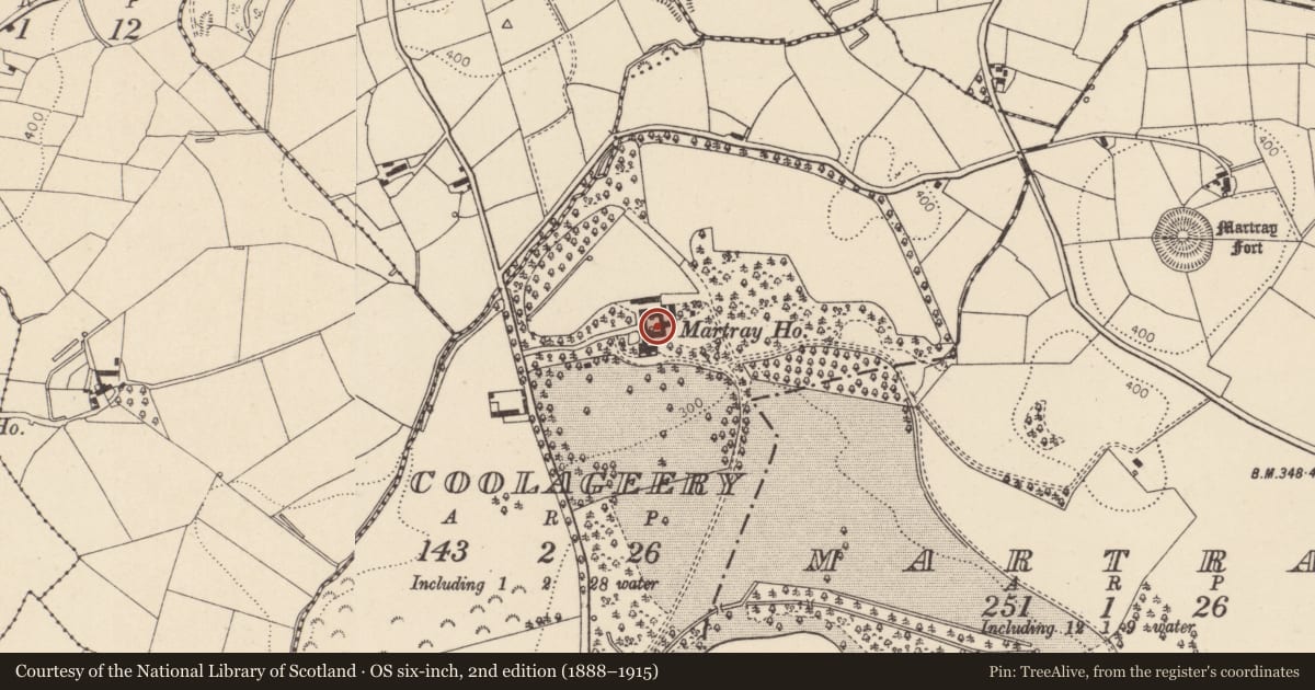 Ordnance Survey six-inch map, 2nd edition (1888–1915) covering the location of Martray Manor, Mid Ulster, with a pin at the register's coordinates
