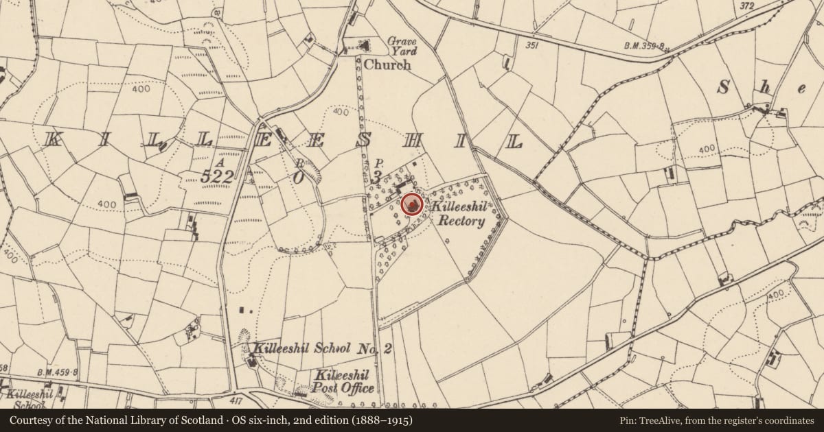 Ordnance Survey six-inch map, 2nd edition (1888–1915) covering the location of 53 Killeeshill Road, ardress, Mid Ulster, with a pin at the register's coordinates
