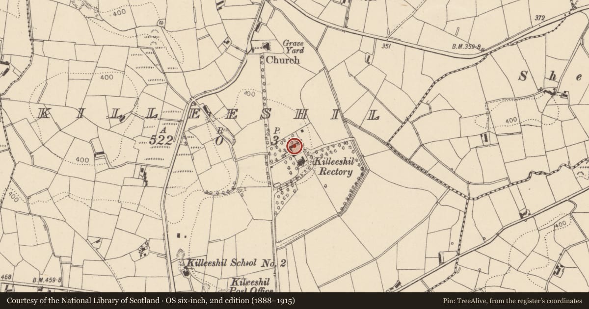 Ordnance Survey six-inch map, 2nd edition (1888–1915) covering the location of OUTBUILDINGS, Mid Ulster, with a pin at the register's coordinates