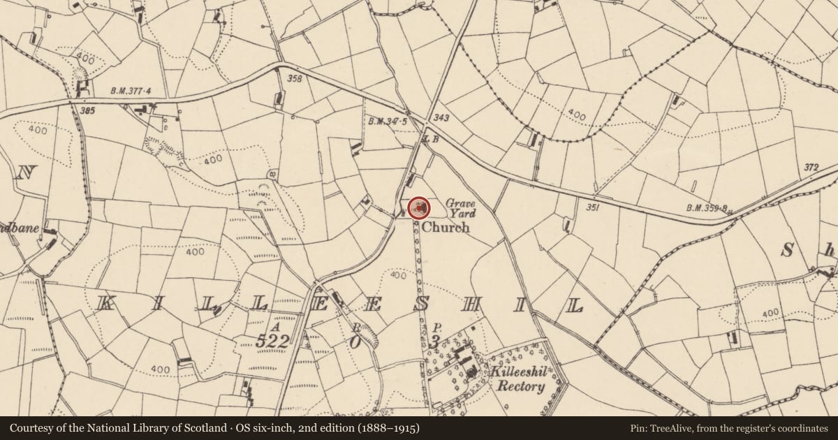 Ordnance Survey six-inch map, 2nd edition (1888–1915) covering the location of St. Paul'S Church (Killeeshill Parish) (C of I), Mid Ulster, with a pin at the register's coordinates