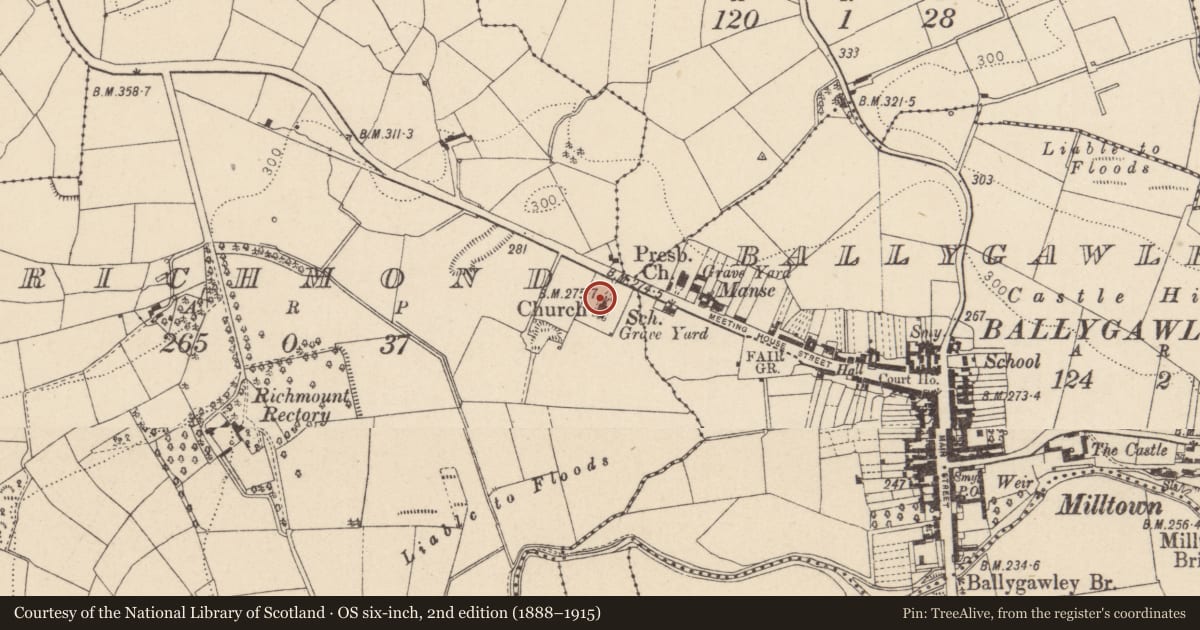 Ordnance Survey six-inch map, 2nd edition (1888–1915) covering the location of Ballygawley Church (C of I), Mid Ulster, with a pin at the register's coordinates