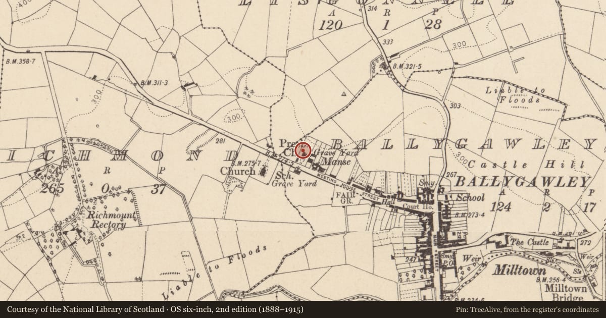 Ordnance Survey six-inch map, 2nd edition (1888–1915) covering the location of Ballygawley Presbyterian Church, Mid Ulster, with a pin at the register's coordinates