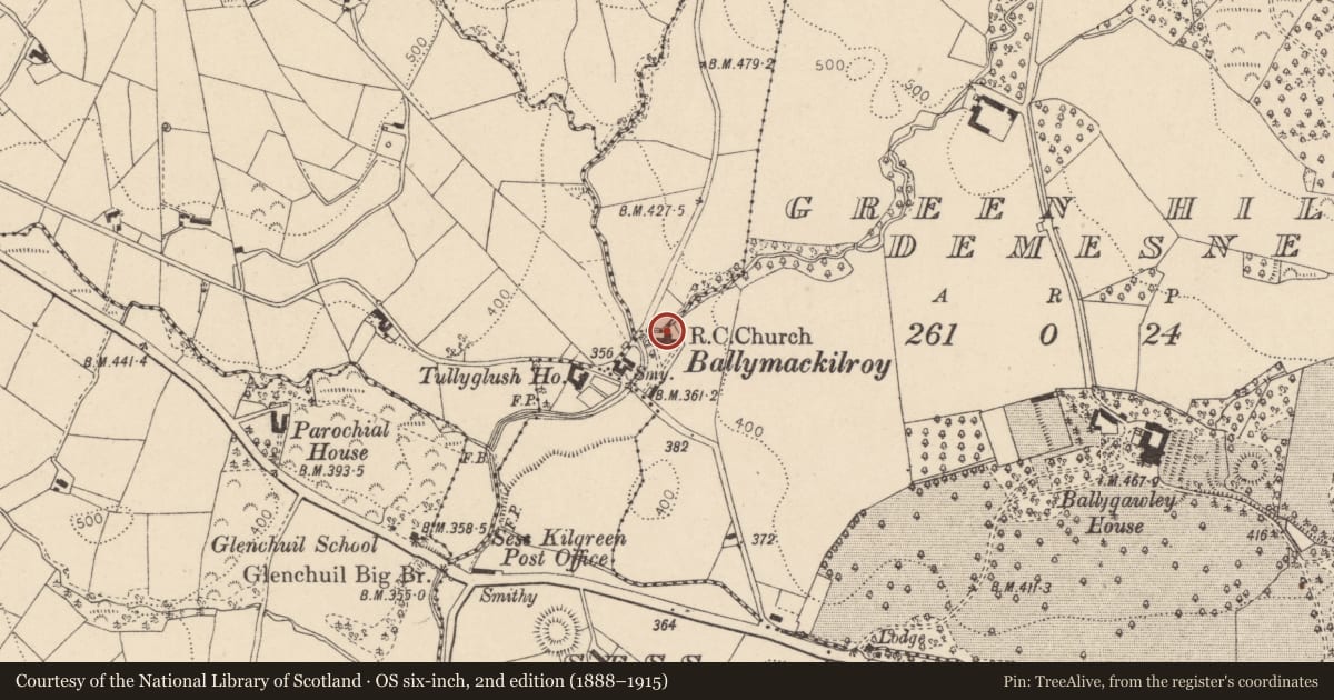 Ordnance Survey six-inch map, 2nd edition (1888–1915) covering the location of BALLYMACKILROY R C CHURCH, Mid Ulster, with a pin at the register's coordinates