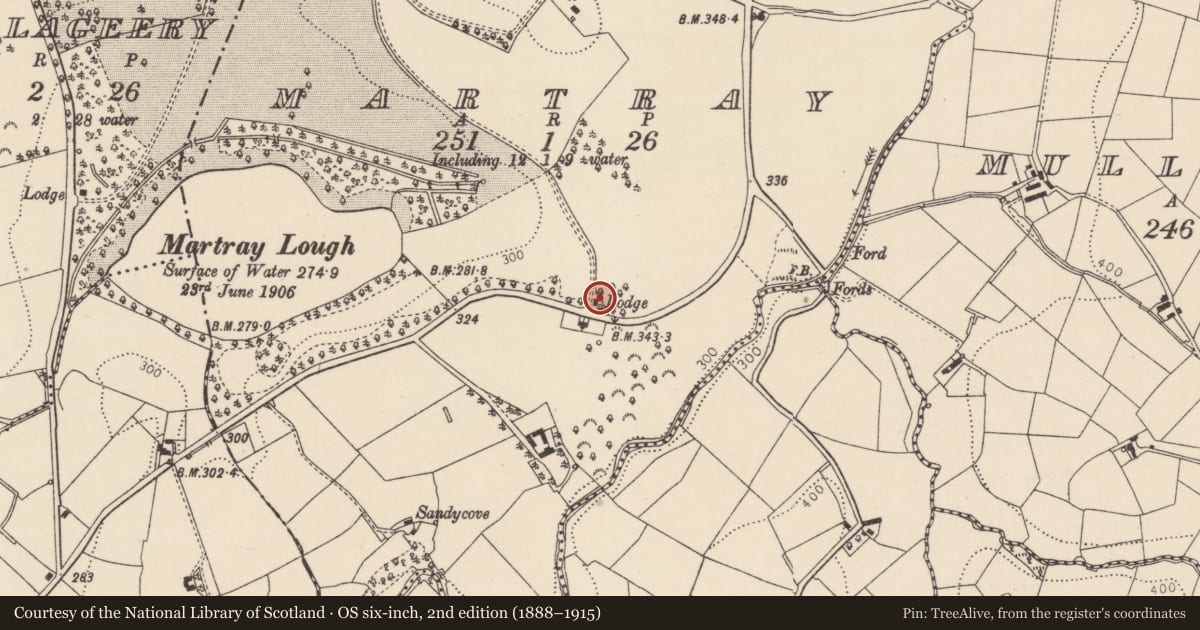 Ordnance Survey six-inch map, 2nd edition (1888–1915) covering the location of South Lodge To Martray Manor, Mid Ulster, with a pin at the register's coordinates