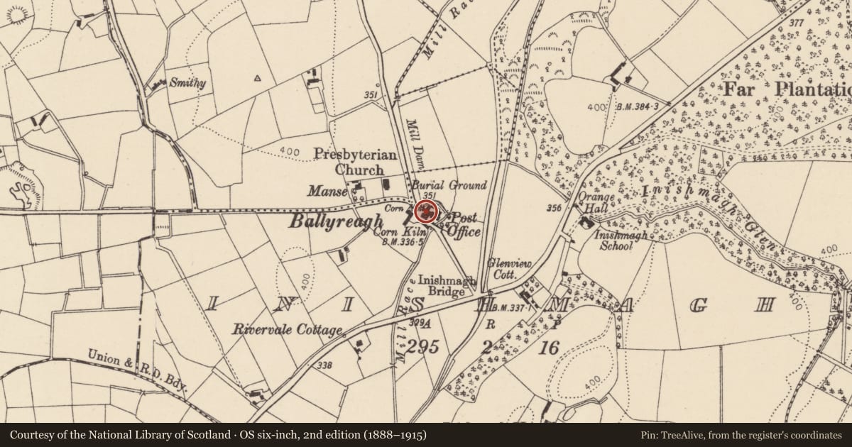 Ordnance Survey six-inch map, 2nd edition (1888–1915) covering the location of Ballyreagh Mill, Mid Ulster, with a pin at the register's coordinates