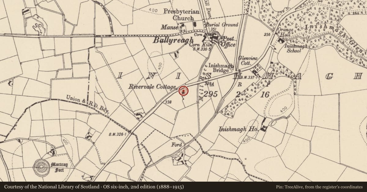 Ordnance Survey six-inch map, 2nd edition (1888–1915) covering the location of Rivervale Cottage, Mid Ulster, with a pin at the register's coordinates