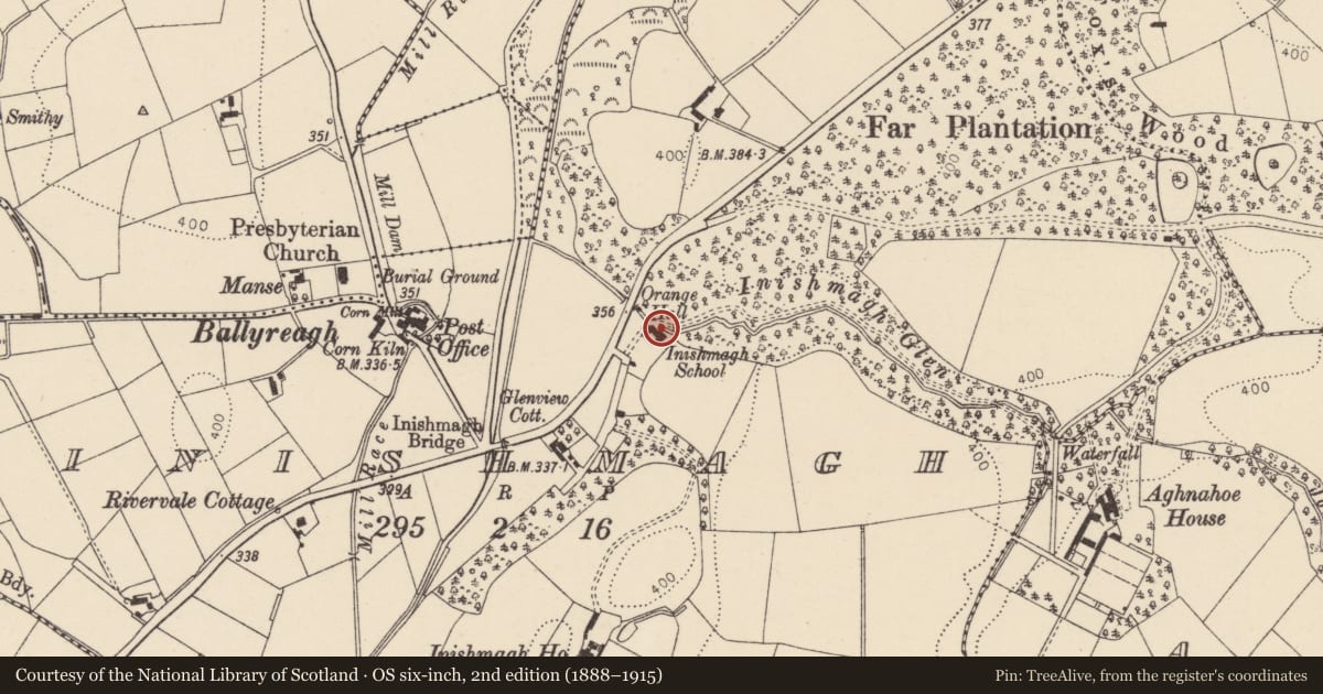 Ordnance Survey six-inch map, 2nd edition (1888–1915) covering the location of DWELLING, School And Orange Hall, Mid Ulster, with a pin at the register's coordinates