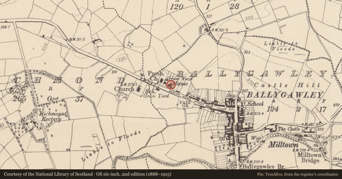 Ordnance Survey six-inch map, 2nd edition (1888–1915) covering the location of 73 Church St., Mid Ulster, with a pin at the register's coordinates