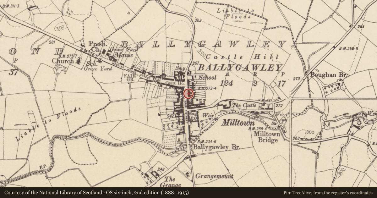 Ordnance Survey six-inch map, 2nd edition (1888–1915) covering the location of 73-75 Main Street, Ballygawley, Mid Ulster, with a pin at the register's coordinates