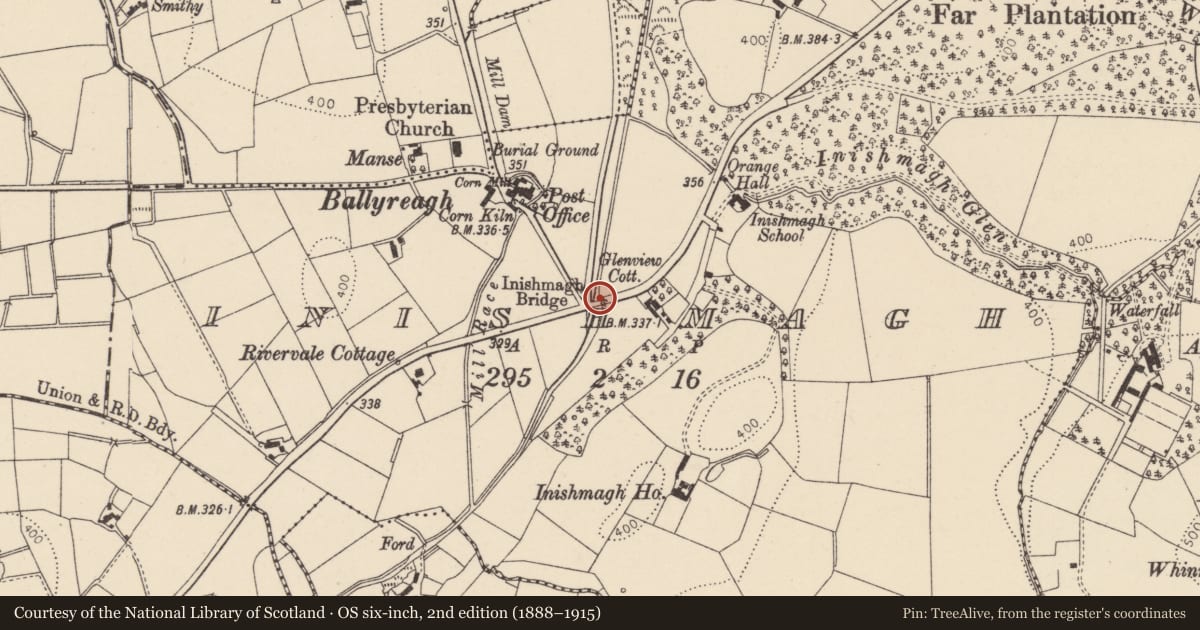 Ordnance Survey six-inch map, 2nd edition (1888–1915) covering the location of Inishmagh Bridge, Mid Ulster, with a pin at the register's coordinates