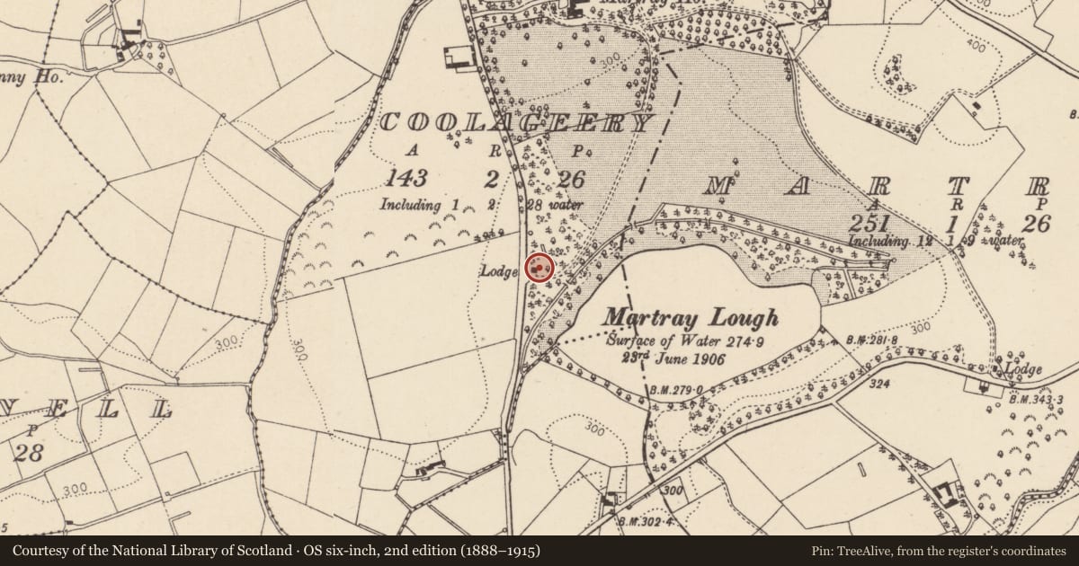 Ordnance Survey six-inch map, 2nd edition (1888–1915) covering the location of Gate Lodge, Mid Ulster, with a pin at the register's coordinates