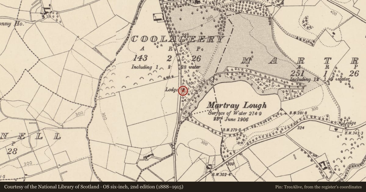 Ordnance Survey six-inch map, 2nd edition (1888–1915) covering the location of Gates And Screen Martray Manor, Mid Ulster, with a pin at the register's coordinates