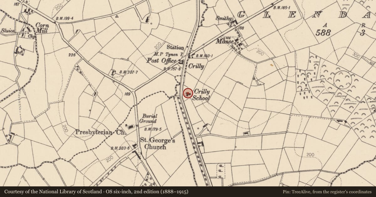 Ordnance Survey six-inch map, 2nd edition (1888–1915) covering the location of Crilly School, Mid Ulster, with a pin at the register's coordinates