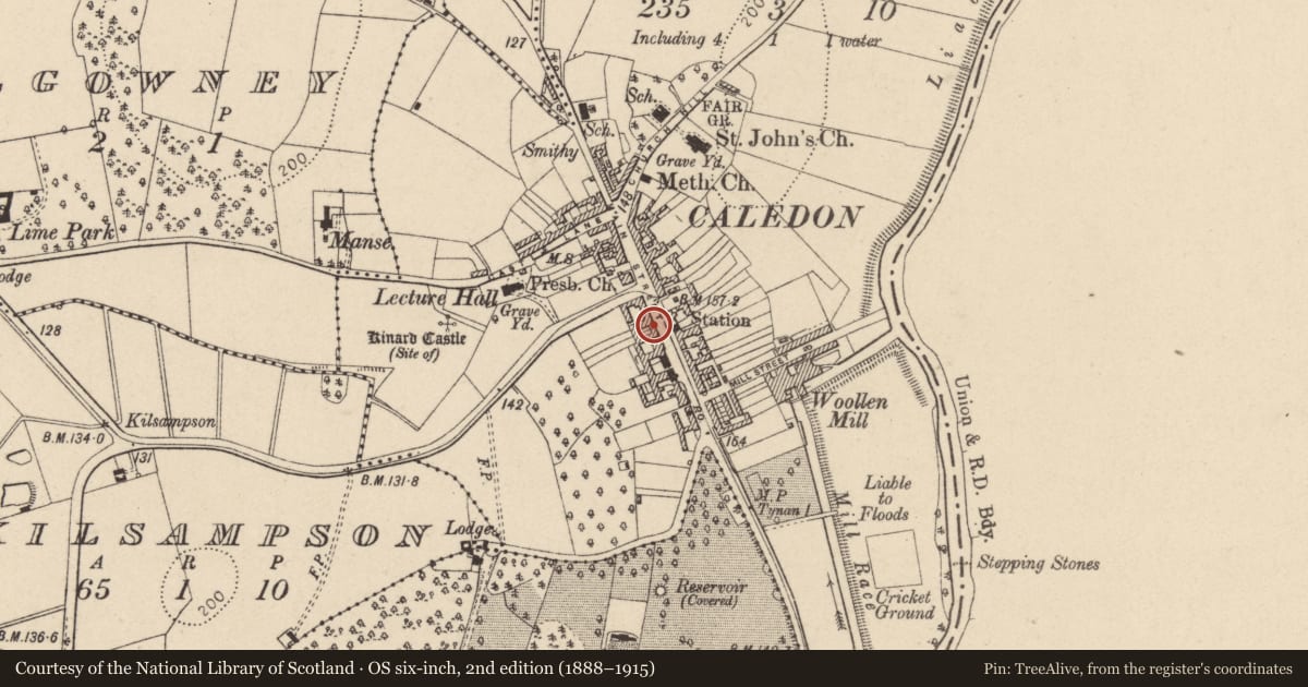 Ordnance Survey six-inch map, 2nd edition (1888–1915) covering the location of 45 Main St., Mid Ulster, with a pin at the register's coordinates
