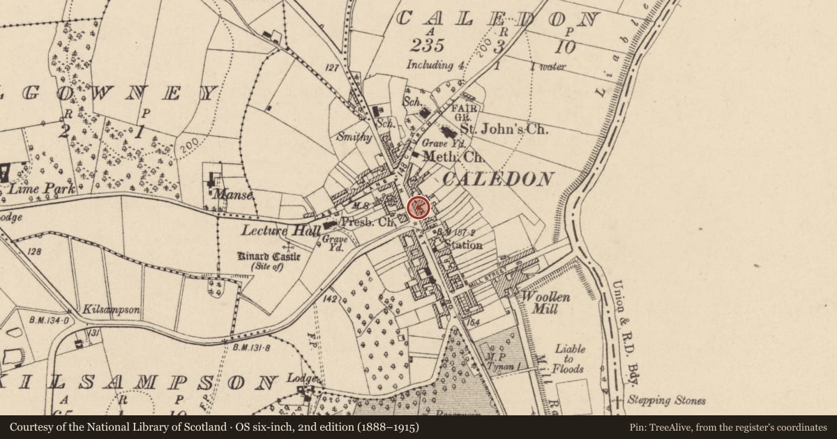 Ordnance Survey six-inch map, 2nd edition (1888–1915) covering the location of Scott'S Food Store, Mid Ulster, with a pin at the register's coordinates