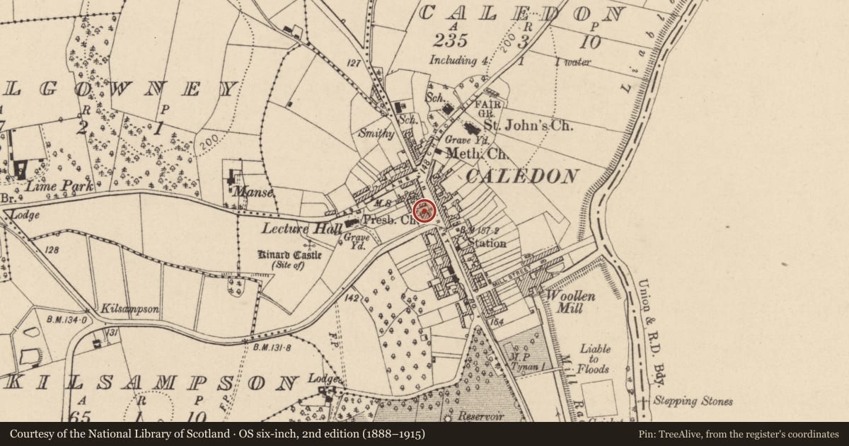 Ordnance Survey six-inch map, 2nd edition (1888–1915) covering the location of Meeting Hall, Mid Ulster, with a pin at the register's coordinates