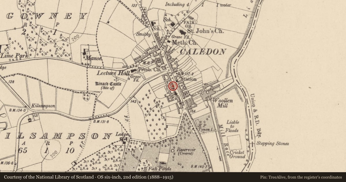 Ordnance Survey six-inch map, 2nd edition (1888–1915) covering the location of 43 Main St., Mid Ulster, with a pin at the register's coordinates