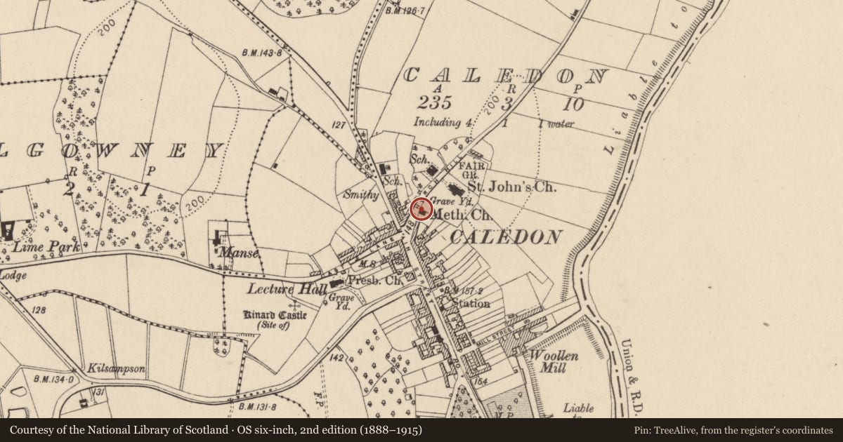 Ordnance Survey six-inch map, 2nd edition (1888–1915) covering the location of Methodist Church(Elim Church), Mid Ulster, with a pin at the register's coordinates