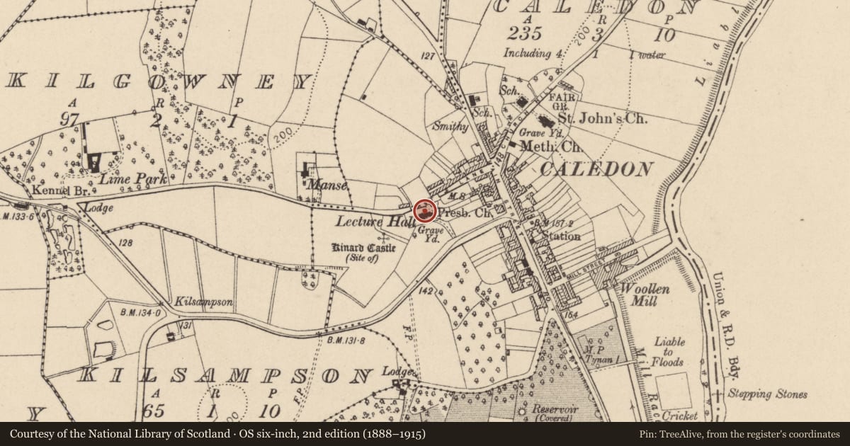 Ordnance Survey six-inch map, 2nd edition (1888–1915) covering the location of Presbyterian Church Hall, Mid Ulster, with a pin at the register's coordinates