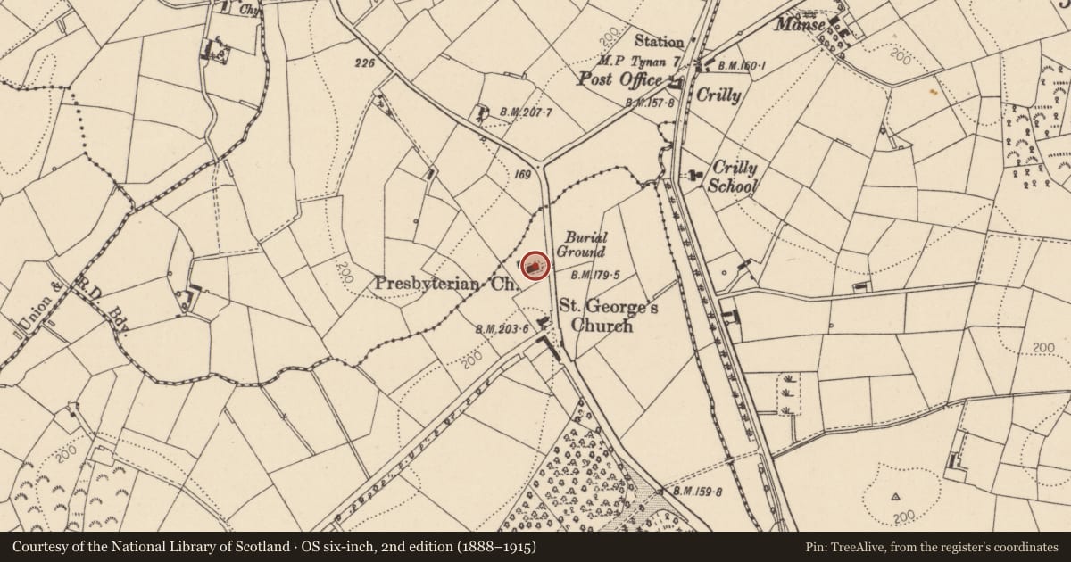Ordnance Survey six-inch map, 2nd edition (1888–1915) covering the location of Ballymagrane Presbyterian Church, Mid Ulster, with a pin at the register's coordinates