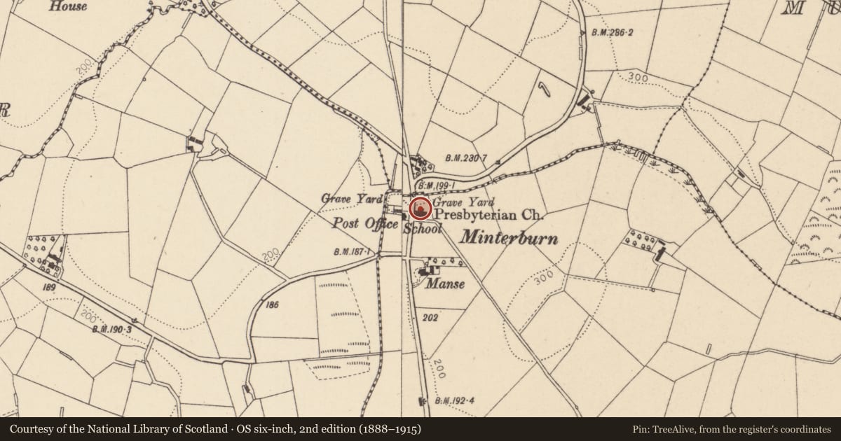 Ordnance Survey six-inch map, 2nd edition (1888–1915) covering the location of Minterburn Presbyterian Church, Mid Ulster, with a pin at the register's coordinates
