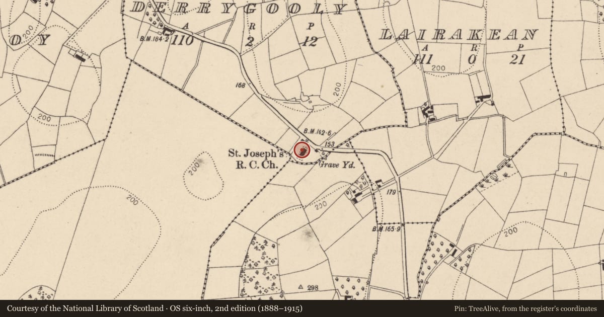 Ordnance Survey six-inch map, 2nd edition (1888–1915) covering the location of St. Joseph'S R C CHURCH, Mid Ulster, with a pin at the register's coordinates
