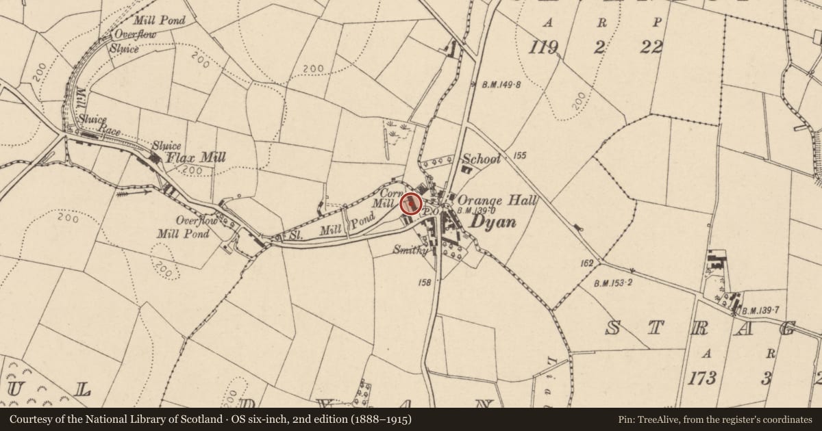 Ordnance Survey six-inch map, 2nd edition (1888–1915) covering the location of Dyan Corn Mill, Mid Ulster, with a pin at the register's coordinates