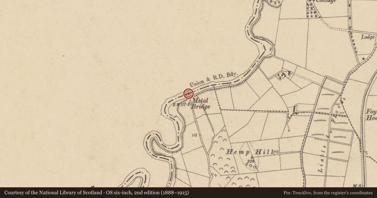 Ordnance Survey six-inch map, 2nd edition (1888–1915) covering the location of Dredge Bridge Over The Blackwater, Mid Ulster, with a pin at the register's coordinates