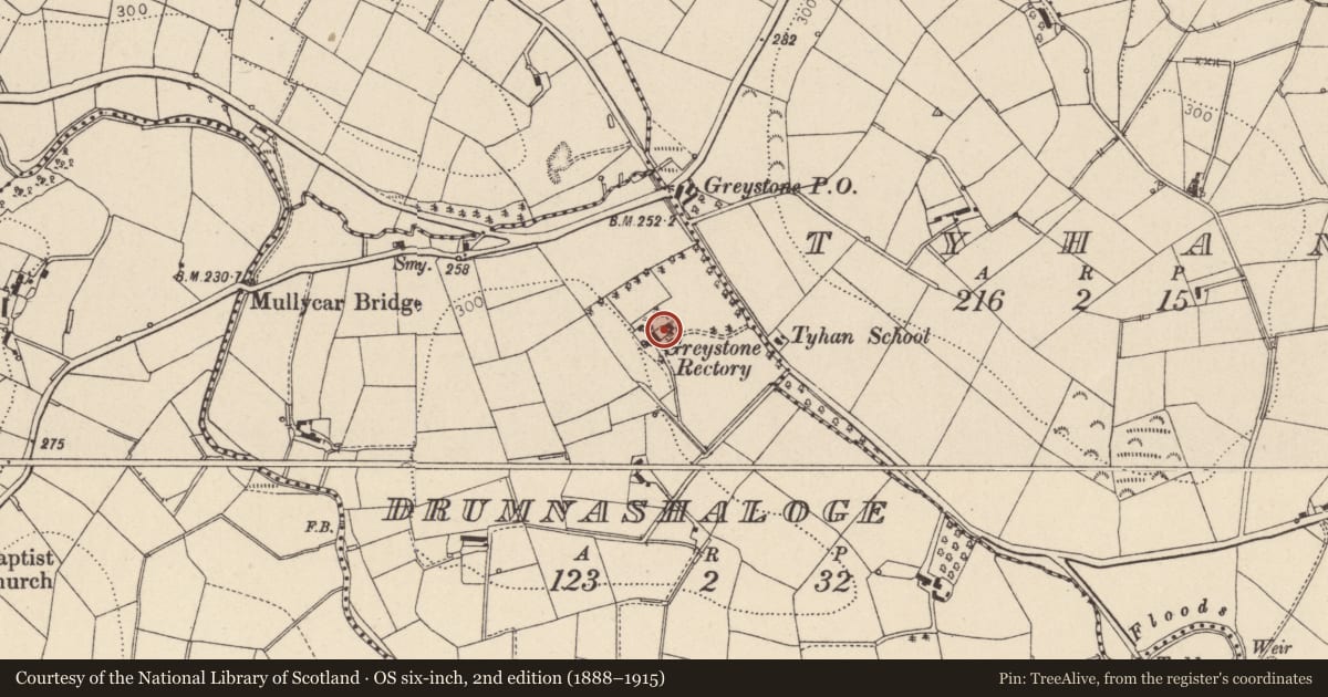 Ordnance Survey six-inch map, 2nd edition (1888–1915) covering the location of 7 Kilnacart Road (Formerly Greystone Rectory), Mid Ulster, with a pin at the register's coordinates