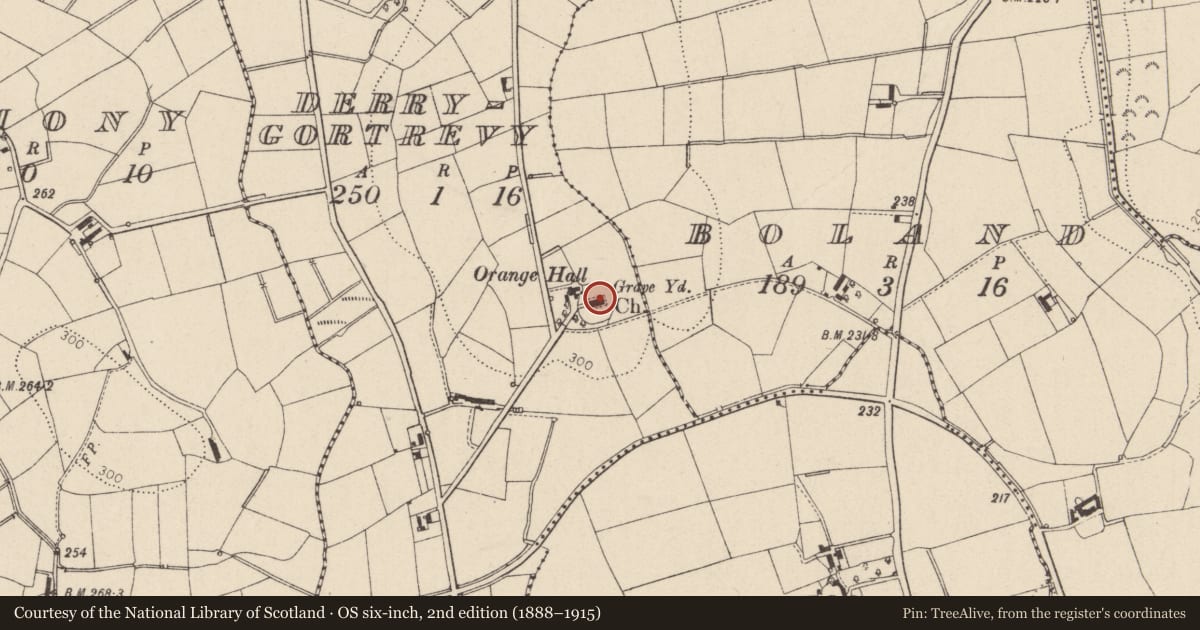 Ordnance Survey six-inch map, 2nd edition (1888–1915) covering the location of St. Columba'S Church (C of I), Mid Ulster, with a pin at the register's coordinates