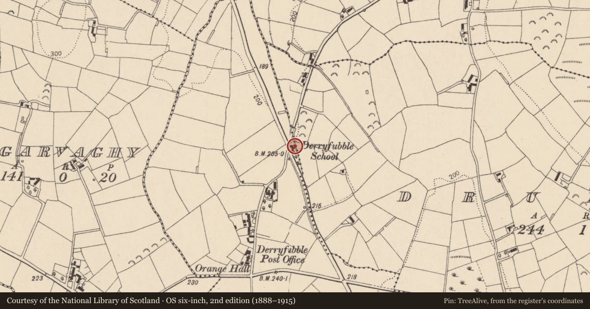 Ordnance Survey six-inch map, 2nd edition (1888–1915) covering the location of School House, Mid Ulster, with a pin at the register's coordinates
