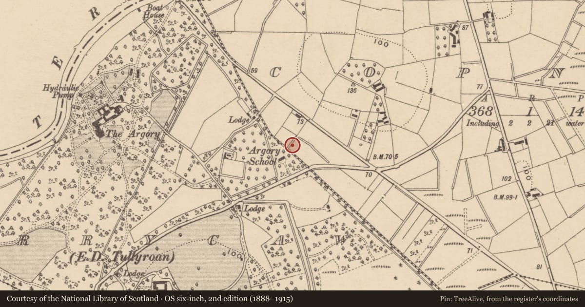 Ordnance Survey six-inch map, 2nd edition (1888–1915) covering the location of Powerscourt Scriptural School, Armagh City, Banbridge and Craigavon, with a pin at the register's coordinates