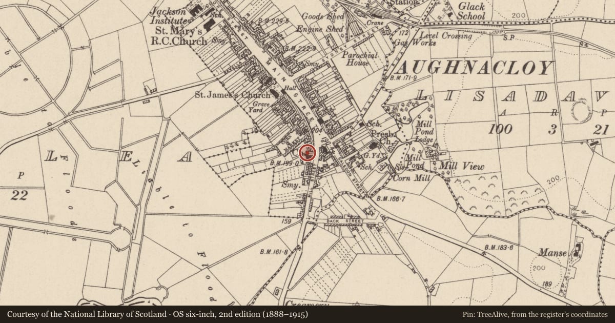 Ordnance Survey six-inch map, 2nd edition (1888–1915) covering the location of Methodist Church, Mid Ulster, with a pin at the register's coordinates