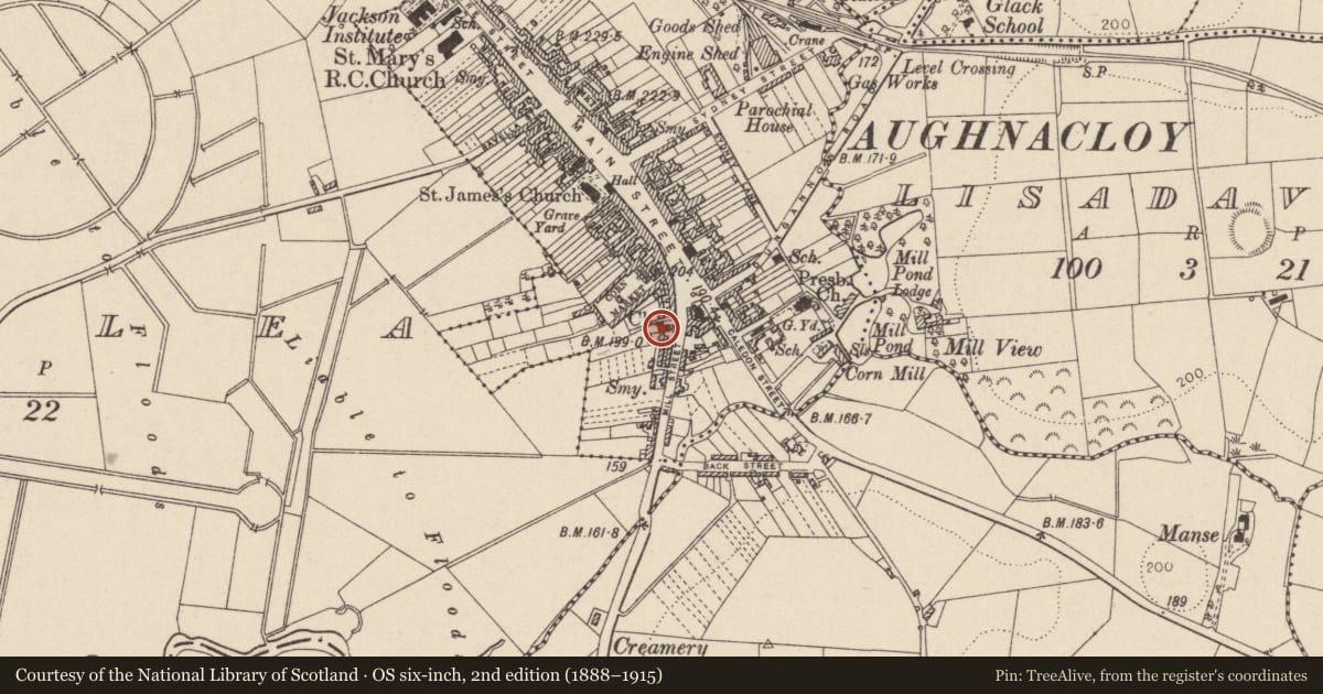Ordnance Survey six-inch map, 2nd edition (1888–1915) covering the location of Methodist Manse, Mid Ulster, with a pin at the register's coordinates