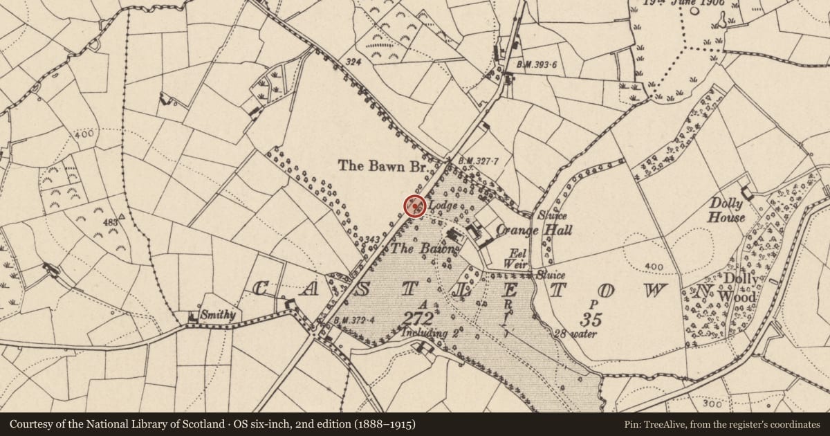 Ordnance Survey six-inch map, 2nd edition (1888–1915) covering the location of Gate Lodge, Mid Ulster, with a pin at the register's coordinates